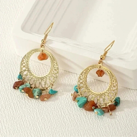 Gold Beaded Stone Turquoise Hoop Earrings - Picture 4 of 4